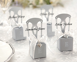 Miniature Silver Chair Favor Box w/ Heart Charm & Ribbon (Can be Monogrammed)