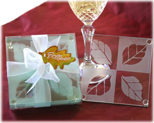 "Fall in Love" Frosted Leaf Design Glass Coaster Set