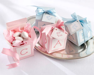 Classic Baby Blocks Favor Boxes with Imprinted Ribbon (Pink or Blue/Set of 24)