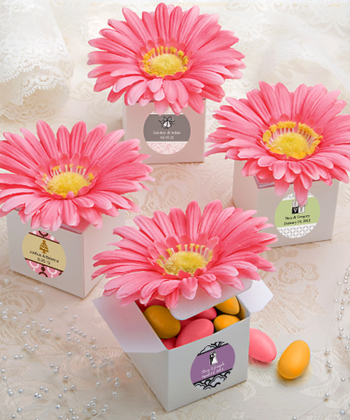 Classy orange pink gerbera-daisy-adorned box favors