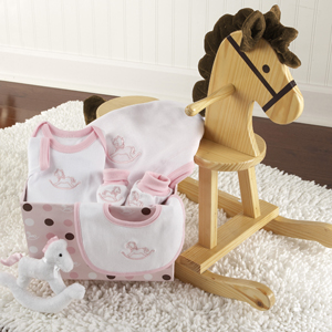 "Rockabye Baby" Rocking Horse with Plush Toy and Layette Gift Set (Pink)