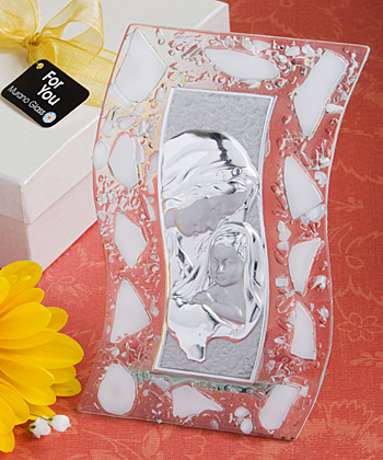 Murano Glass Collection Madonna and Child plaque (pink, blue, white)