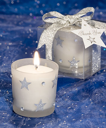 White frosted glass holder with sparkling silver stars