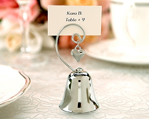 Charming Chrome Bell Place Card-Photo Holder with Dangling Heart Charm (Set of 4)