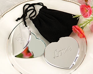 Love Heart-Shaped Compact Mirror in Black Velvet Pouch