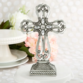 LARGE PEWTER CROSS STATUE WITH ANTIQUE ACCENTS