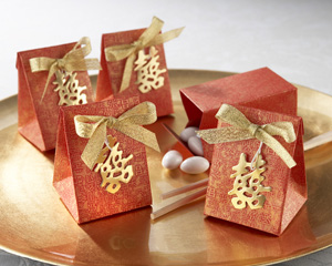 Double Happiness Asian-Themed Favor Box with Metallic-Gold Symbol and Bow (Set of 24)