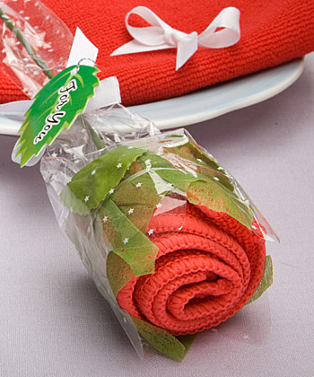 Remarkable long stem rose towel favor