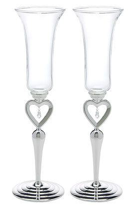Silver Plated Open Heart Jewel Drop Stem Champagne Flutes