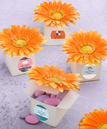 Classy orange pink gerbera-daisy-adorned box favors