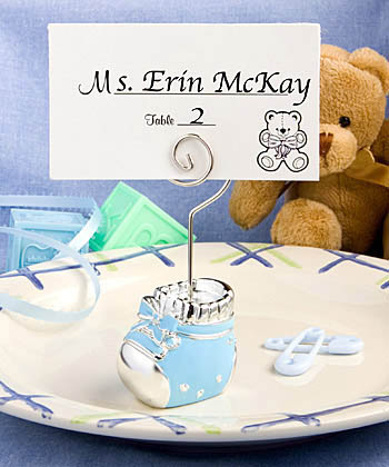 Blue baby bootie place card holders