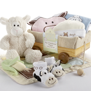 "My Li'l Farmhouse Wagon" Plush Toy and Layette Gift Set in Wooden Wagon