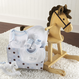Rockabye Baby Rocking Horse with Plush Toy and Layette Gift Set (Blue)