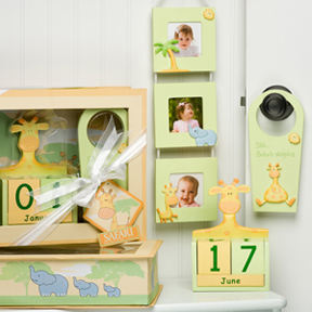 Baby on Safari  Handpainted Wood Gift Set in Keepsake Shadow Box
