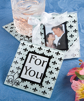 Fleur de lis design glass photo coasters
