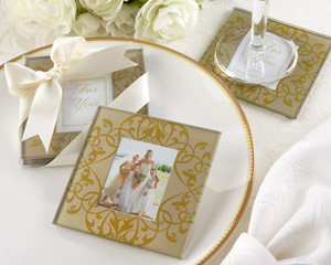 "Golden Brocade" Elegant Glass Photo Coasters