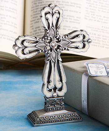 Pewter Color Cross Statue with Ivory Enamel Inlay