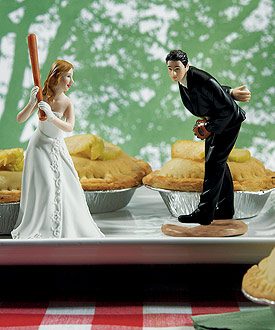 Groom Pitching with Bride Ready To Hit A Home Run Wedding Baseball Sports Themed Cake topper