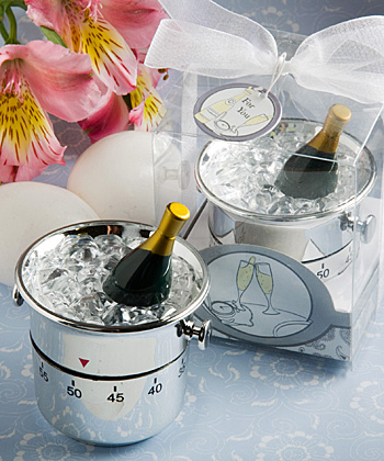 Whimsical champagne and ice bucket kitchen timer favors