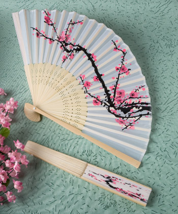 Delicate cherry blossom design silk folding fan favors