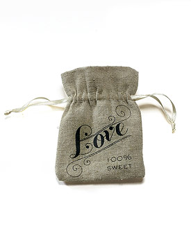 Mini Linen Drawstring Pouch with Vintage Infused Love Print